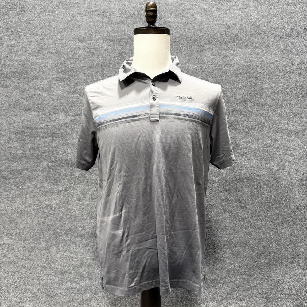 TravisMathew Polo Shirt Mens Medium Gray Striped Short Sleeve Golf Performance